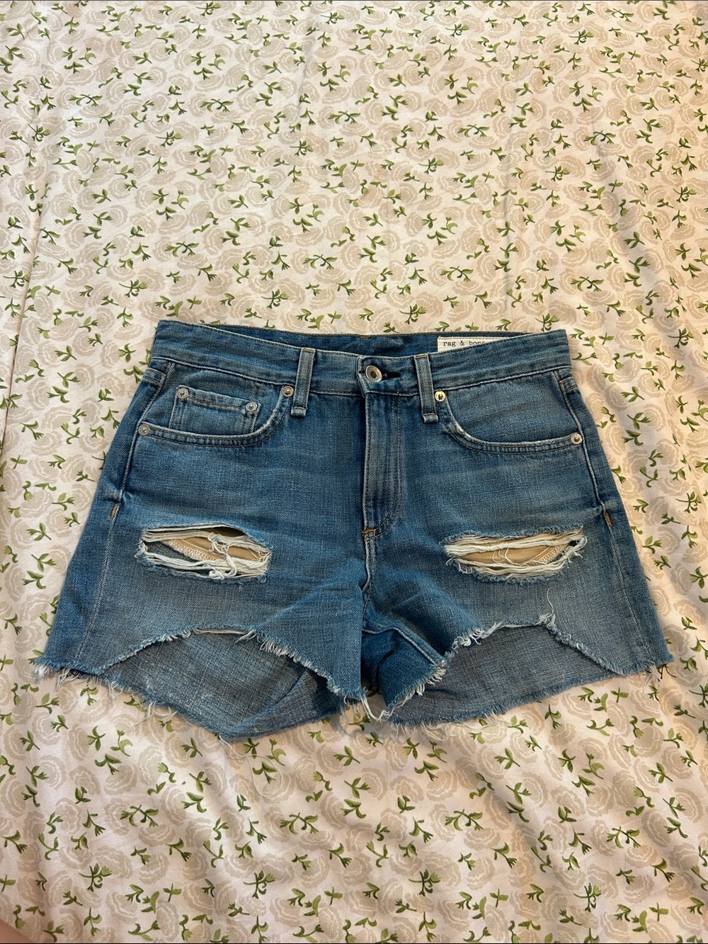 rag & bone Distressed Mid-Blue Denim Cutoff Shorts